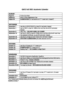 Uconn Academic Calendar Fall 2022 Fall 2021 Academic Calendar | Qvcc
