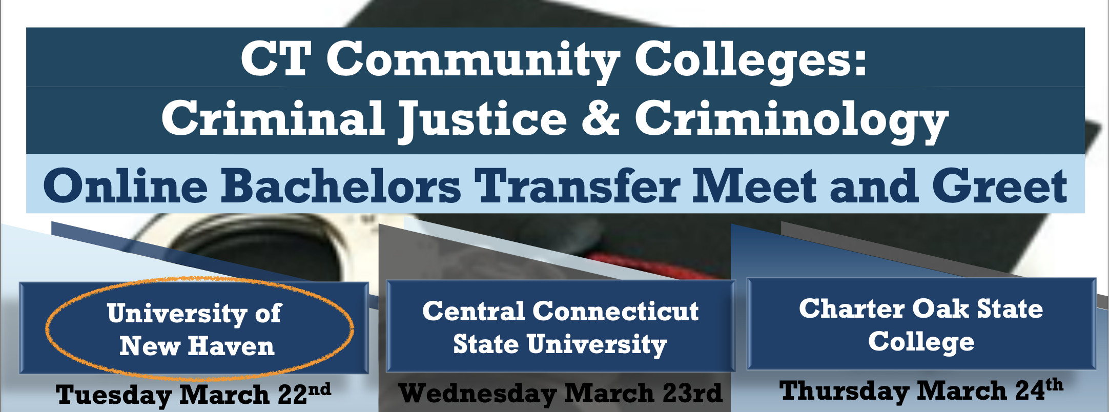 Header for University of New Haven's portion of the CT Community College Colleges Criminal Justice & Criminology Online Bachelors Transfer Meet and Greet on March 22, 2022