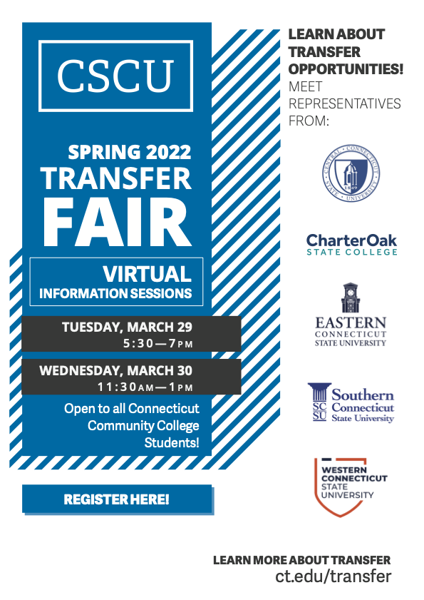 Flyer for the Spring 2022 CSCU Transfer Information Sessions on March 29 and 30