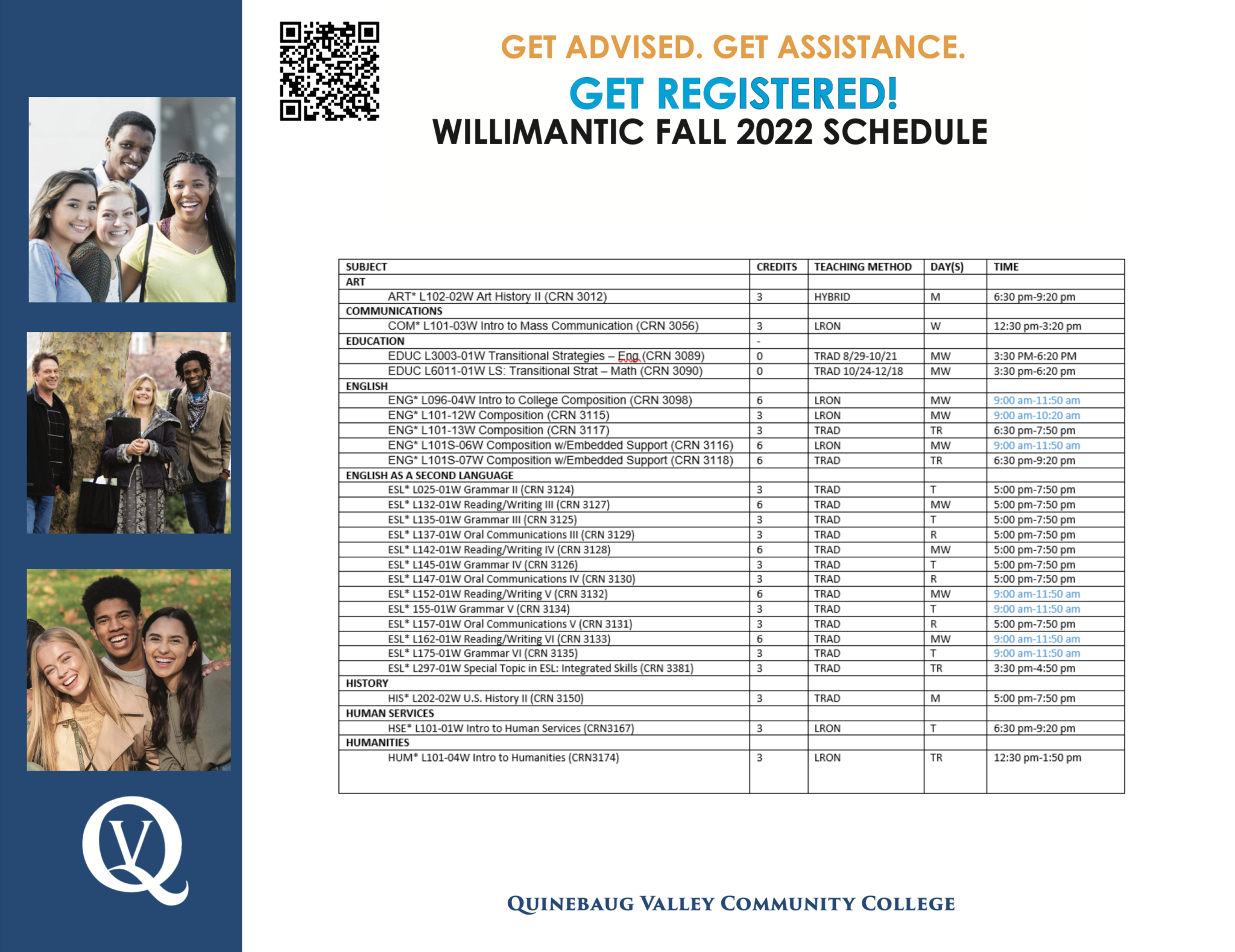 Willimantic Fall 2022 Course Schedule | QVCC